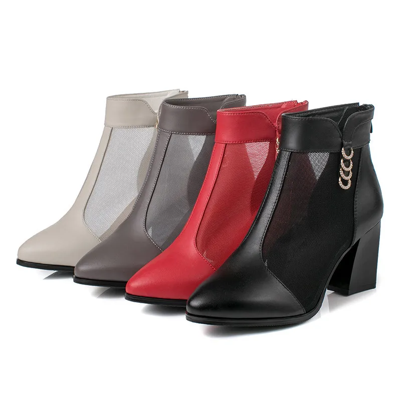 AIYUQI Women Summer Boots Women Mesh Boots Genuine Leather with Heels Rhinestone Fashion Hollow Mesh Wedding Shoes