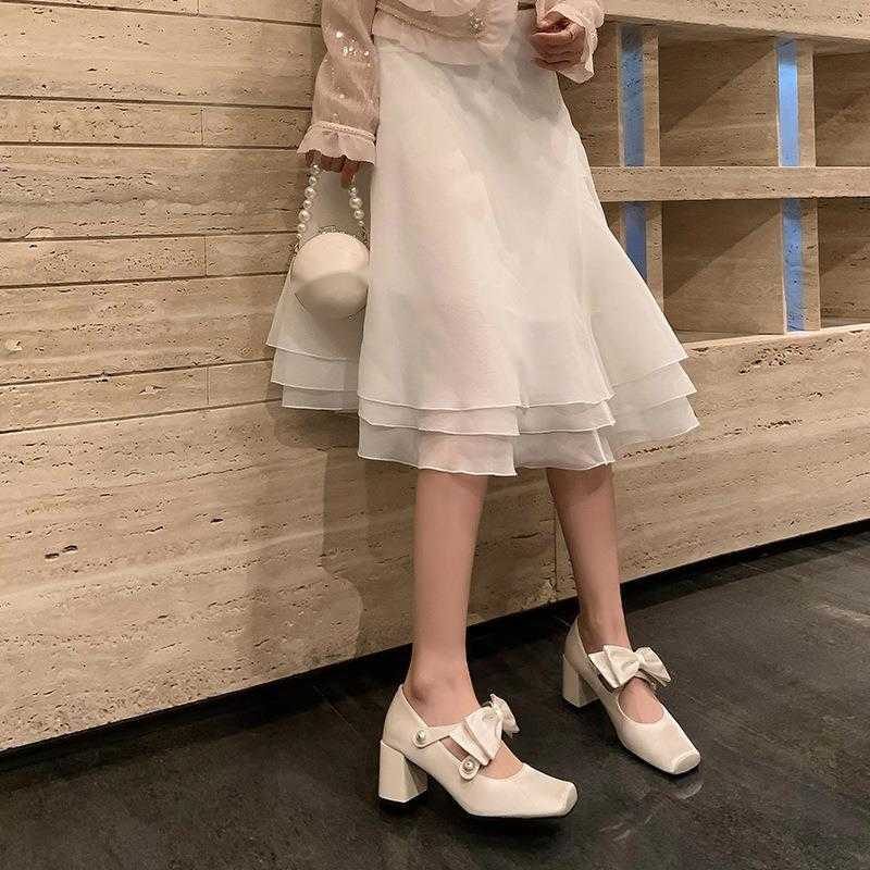 Detachable BowPink Mary Jane Shoes Womens Square Head Sweet Lolita Pearl Coarse Single Shoes
