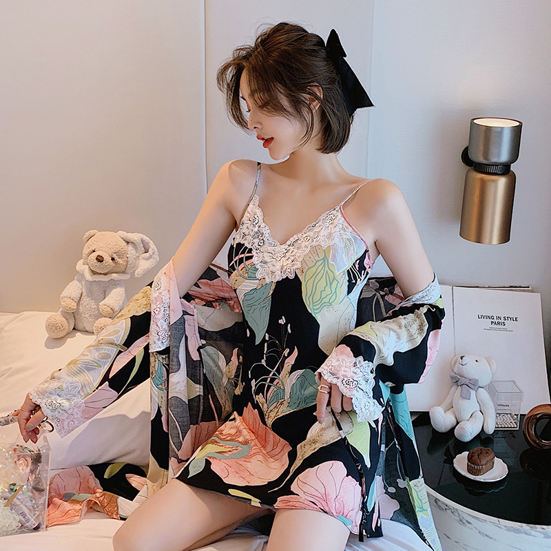fashion 2025 Designer s new women s spring and summer cotton silk sexy plant print large hanging pajamas Hawaiian style bathrobe