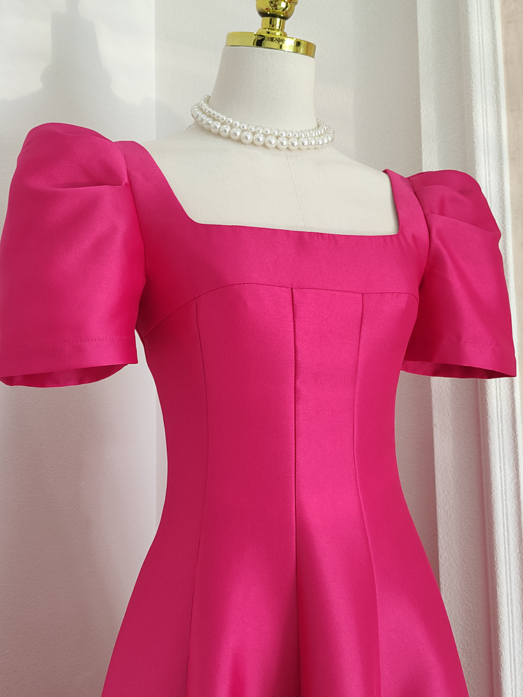 Casual Dresses Elegant Thick Satin Special Occasion Evening Prom Dress Womens Square Collar Puff Short Sleeve Solid Wedding Party Midi Ves