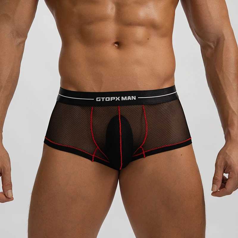 Sexy Ice Silk Mens Underwear Seamless Ultra Thin Full Mesh Boxing Shorts Mens Breathable Quick Drying Hollow Underwear X241207