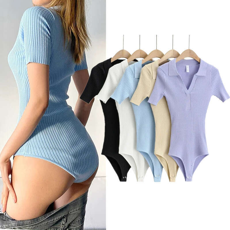 American ins summer polo collar elastic slim fit solid color short sleeved jumpsuit women's tight fitting slimming knitted t-shirt wholesale 2024