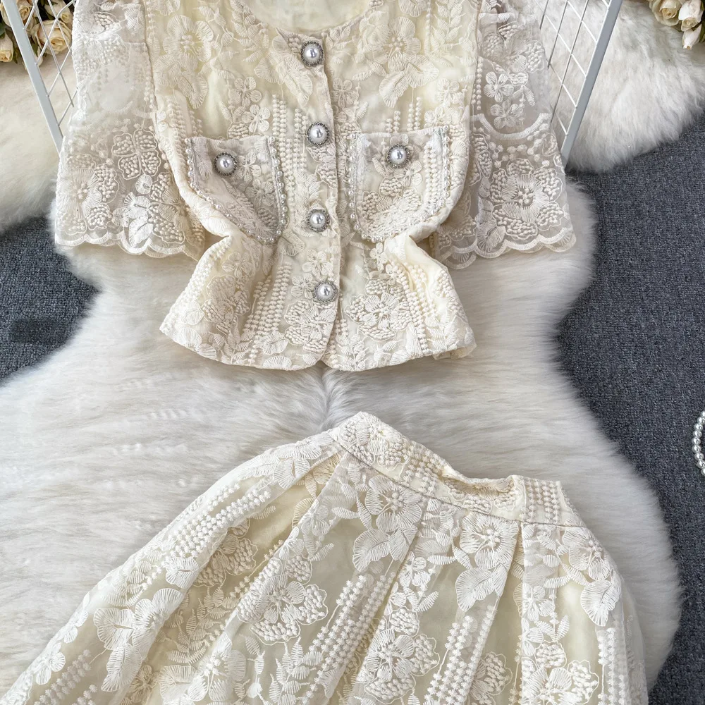 Two Piece Dress 2025 Designer Summer Holiday Flower Embroidery Lace Two Piece Women Sets Pearls Button Jacket Tops Midi Long Skir