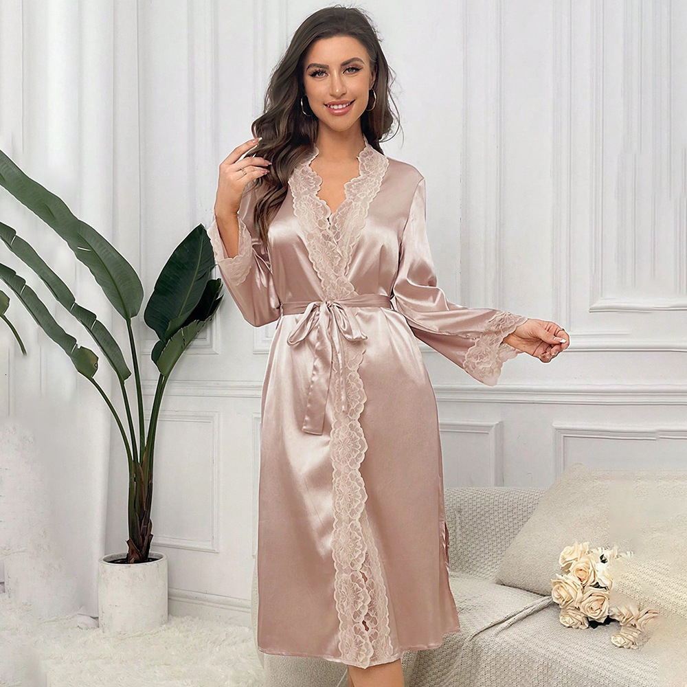 2025 Designer s new high quality satin sleepwear lace light luxury long sleeved cool trend nightgown bathrobe home wear women s sexy erotic bathrobe