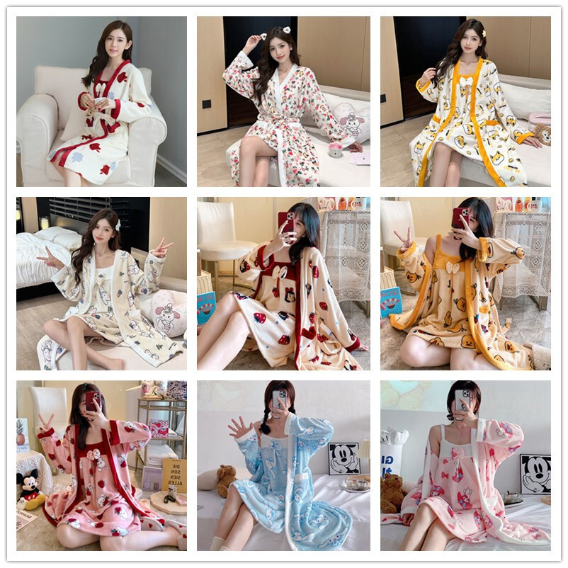 2025 Designer s new winter flannel fashion cartoon suspender two piece kimono sleepwear women s set bathrobe