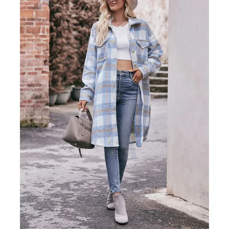 2023 Autumn and Winter Elegant Fashionable Polo Collar Stripe Spliced Temperament Loose Womens Long Plaid Coat 241202