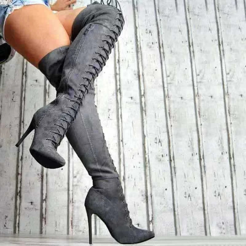 European American Sexy High-Heeled Lace Up Frosted Knee High Boots For Women's Nightclubs And Fashion Shows
