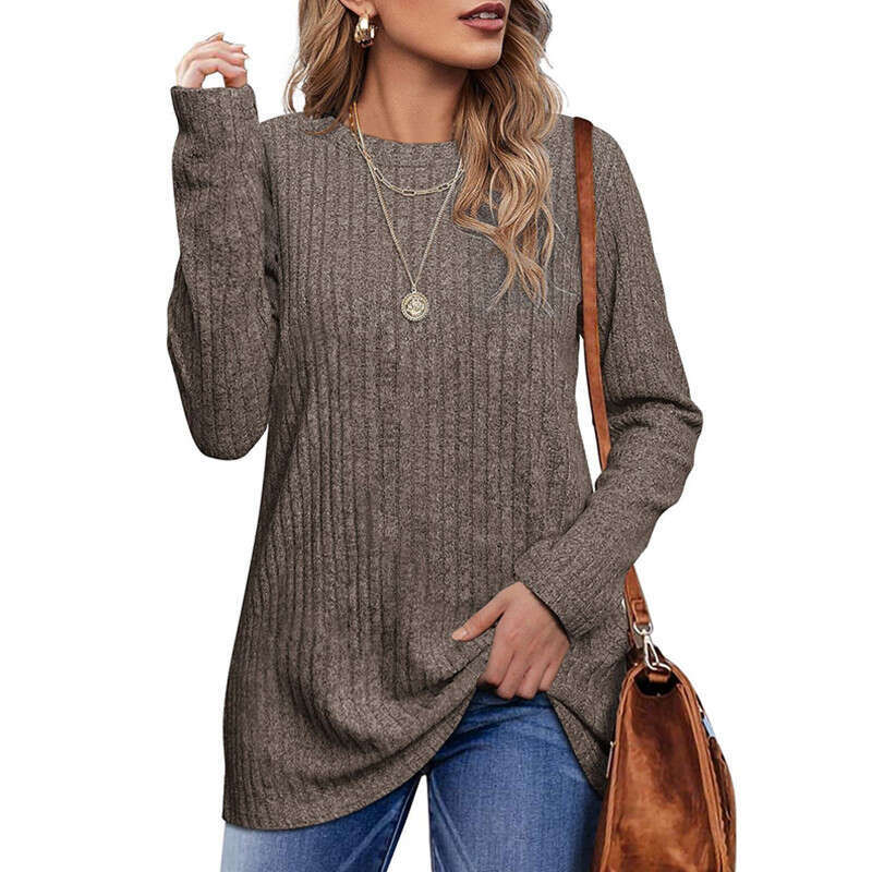 European American autumn and winter round neck brushed pit stripe solid color top long sleeved T-shirt for women 2024 temperament versatile new trendy