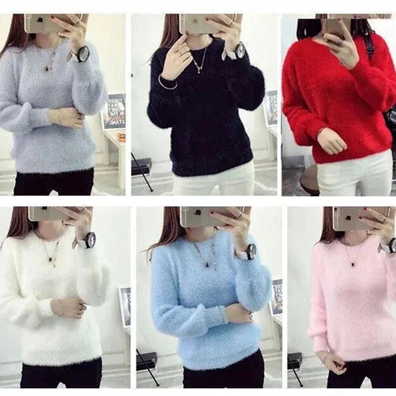 Winter Mink Wool Fleecing Female Oneck Long Puff Sleeve Elastic Casual Sweater Women Knitted Tops Pullovers Solid 241203