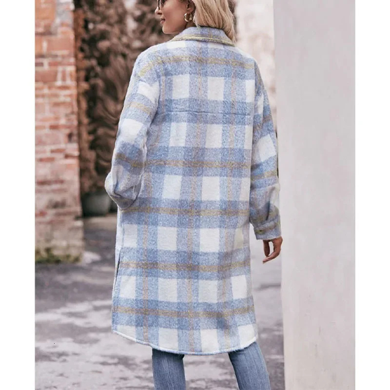 2023 Autumn and Winter Elegant Fashionable Polo Collar Stripe Spliced Temperament Loose Womens Long Plaid Coat 241202