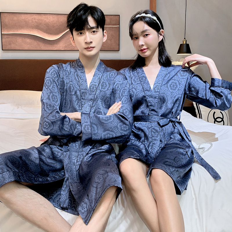 2025 Designer s new high end women s summer thin couple bathrobe ice silk fashion men s pajamas high end medium length bathrobe