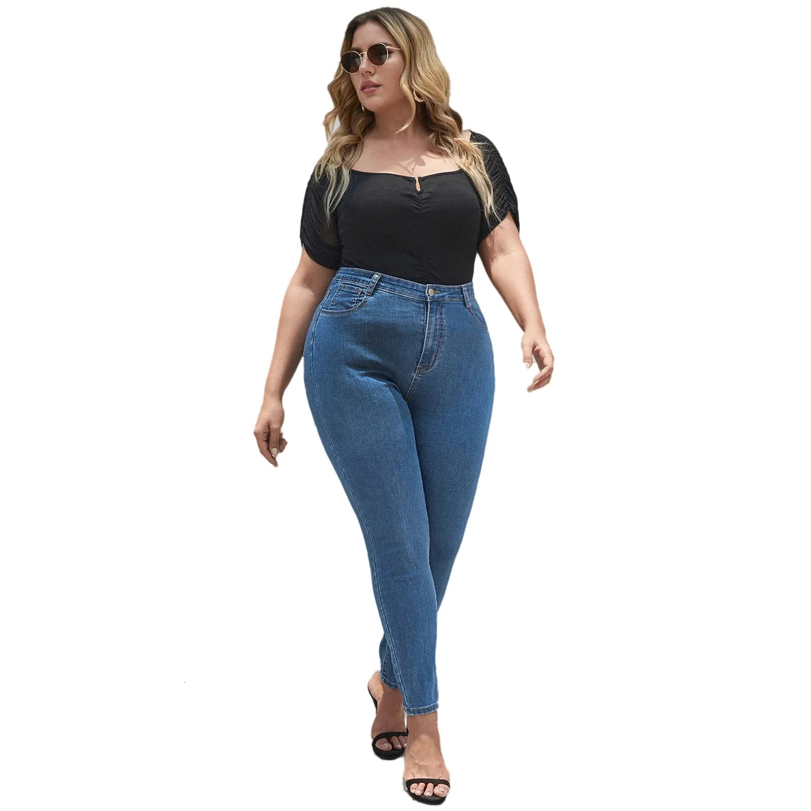 Plus Size Women Jeans Pants Full Length Denim High Waist Stretchy Skinny 241203