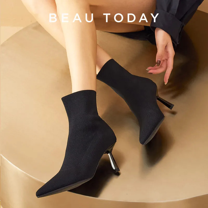 Beautoday High Heel Modern Boots Fabric Pointed Toe Black 2023 Spring Retro Elegant Womens Handmade Shoes 03925 241206