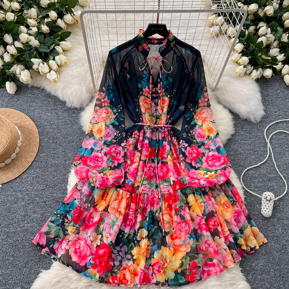 Dresses Summer Autumn Holiday Ral Long Sleeve Chiffon Short Dress Women Vintage Fashion Party Vestidos 2025