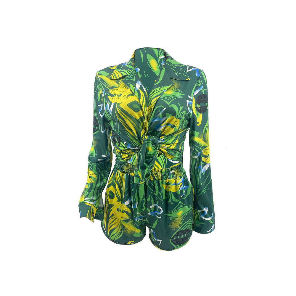 summer European and American printed long sleeved shirt shorts casual set 2024 temperament versatile new trendy clothing ins