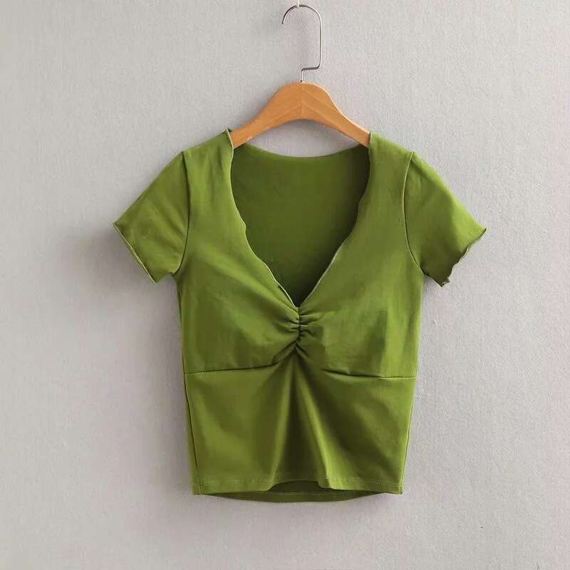 American style INS hot girl summer V-neck low cut pleated T-shirt for women, elastic slim fit high waist solid color short sleeved top, 2024 versatile