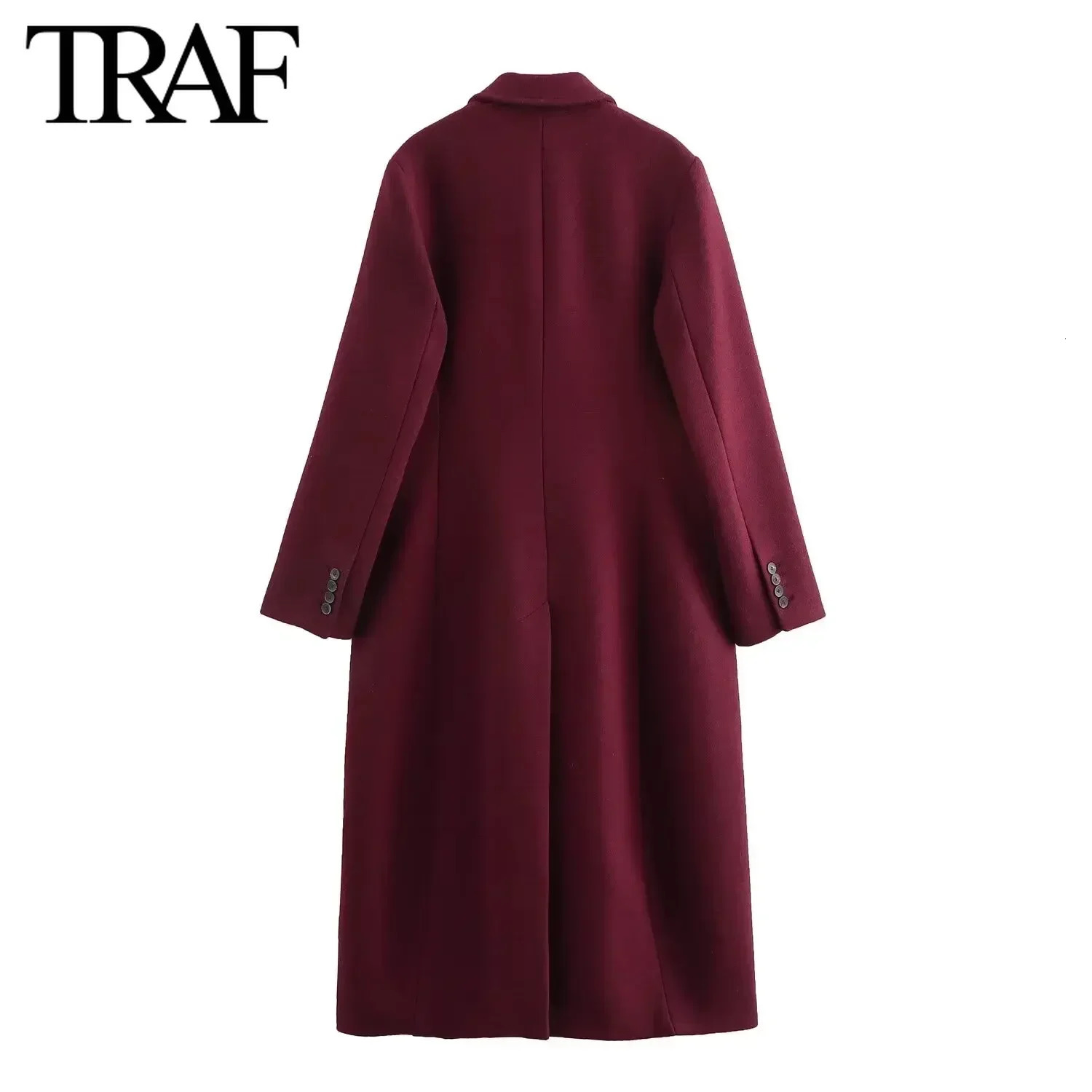 TRAF Burgundy Wine Red Wool Blended Overcoat for Women Fashion 2024 Winter Warm Double Breasted Lapel Long Coat Jacket 241202