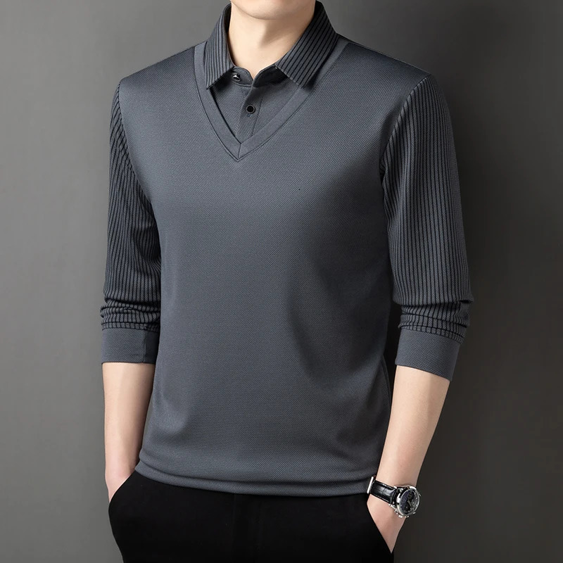 2024 Korean style mens long sleeved Tshirt autumn lapel business fashion casual polo shirt elastic top black dark gray khaki 241202