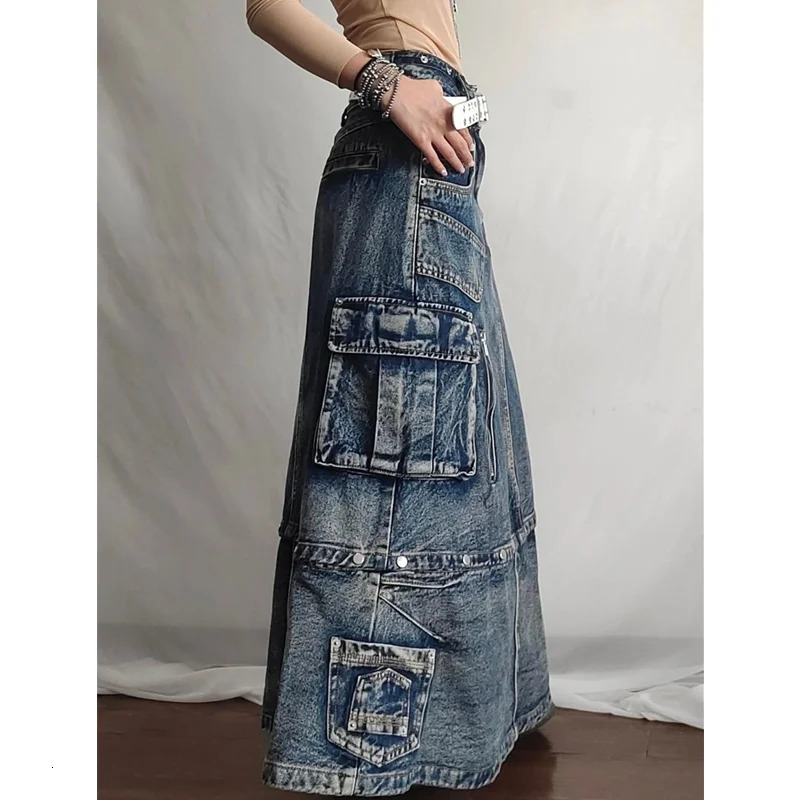Autumn womens blue denim pocket half body skiing high waist casual Korean medium long bag retro straight denim long leather 241205
