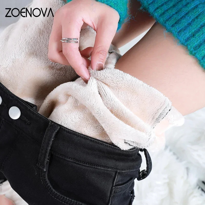 ZOENOVA Winter Thick Velvet Women Warm Skinny Jeans Simple Fleece Slim Fit Stretch Ladies Casual Denim Pencil Pants Y2K 241203