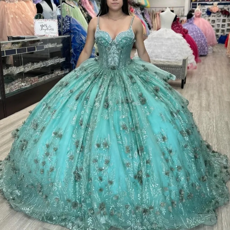 Mint Green Quinceanera Dresses Off The Shoulder Party Sequin Appliques Beads Crystal wer Lace Up Court Train Ball Gown Sweet 16 Dress Vestido De 15 An