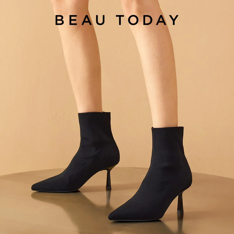Beautoday High Heel Modern Boots Fabric Pointed Toe Black 2023 Spring Retro Elegant Womens Handmade Shoes 03925 241206
