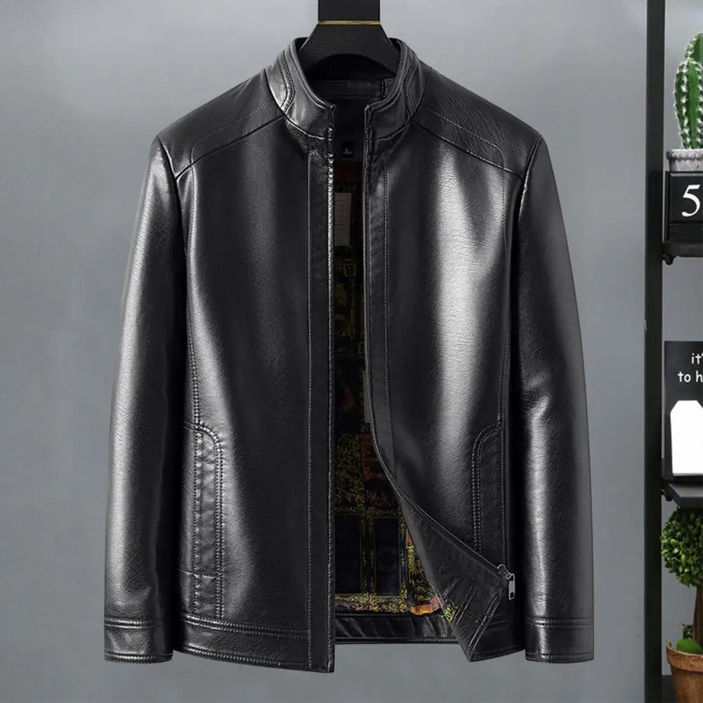 Highquality Faux Leather Jacket Stylish Mens with Standing Collar Zipper Clre Gift for Dad or Boyfriend 241202