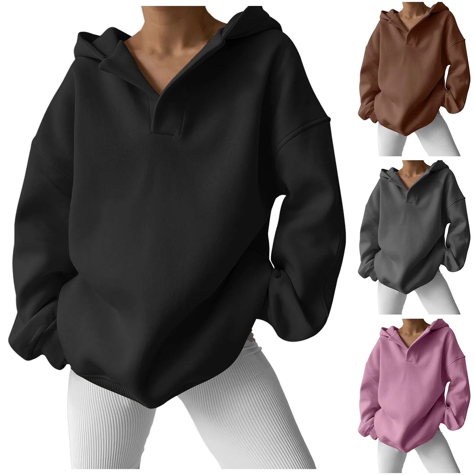 Womens Vneck oversized hooded sweatshirt with pockets classic wool lining womens plain weave 241206