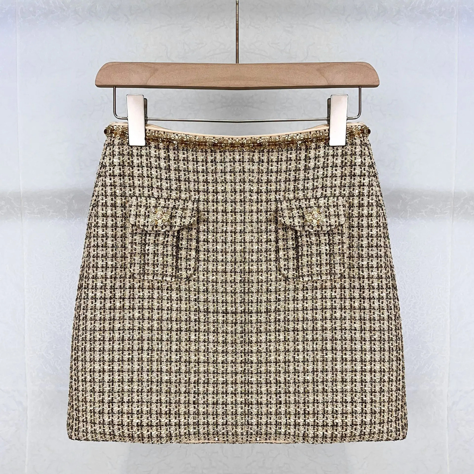 Autumn Winter Small Fragrant Style Gold Plaid Coarse Knitted Two Piece Set Women Suit Coat Tweed Jackets Midi Long Skirts Sets 241202