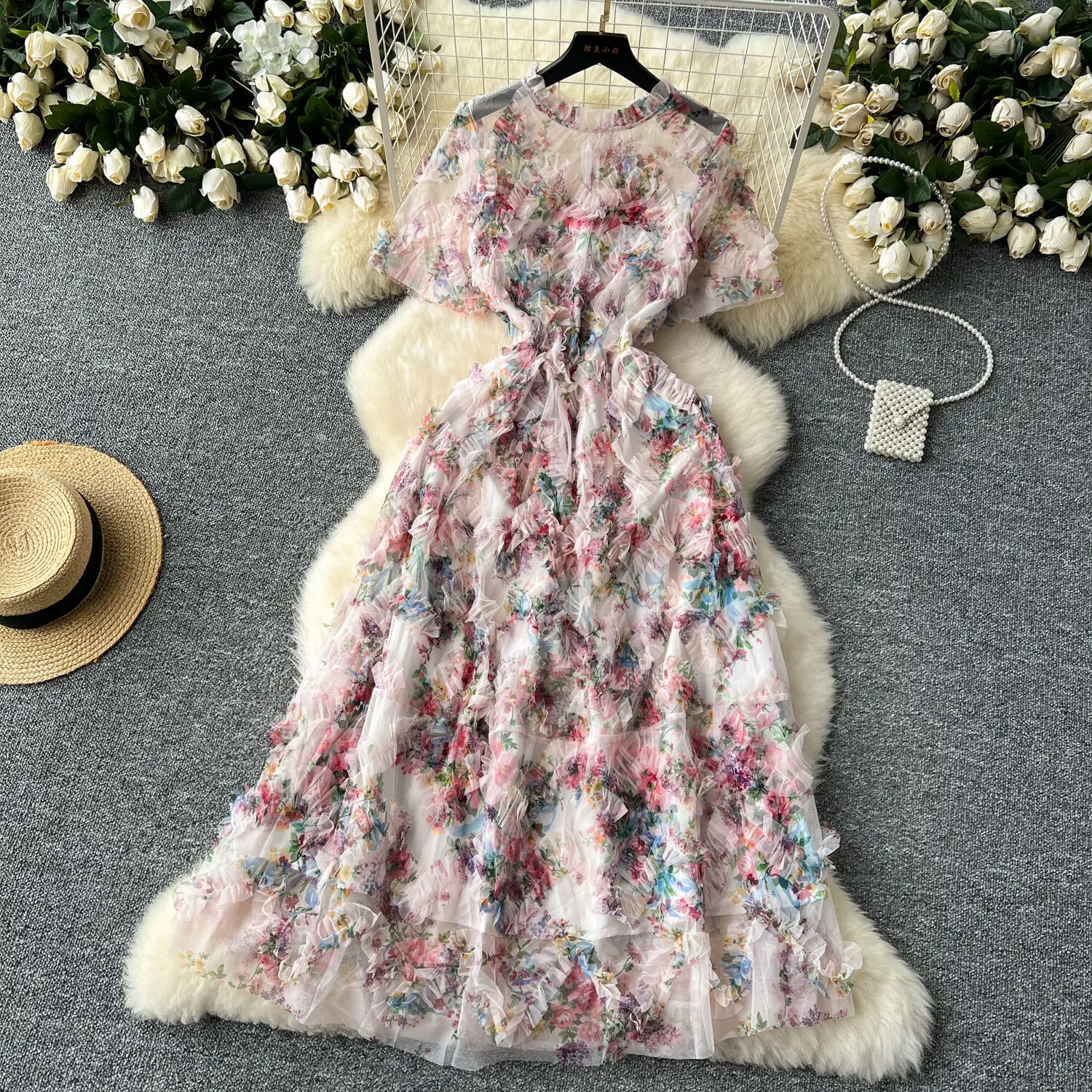 Basic Casual Dresses Runway Summer Autumn Holiday Floral Midi Tulle Prom Dress Women Layers Ruffles Cake Dresses Long Party Vestidos Quality