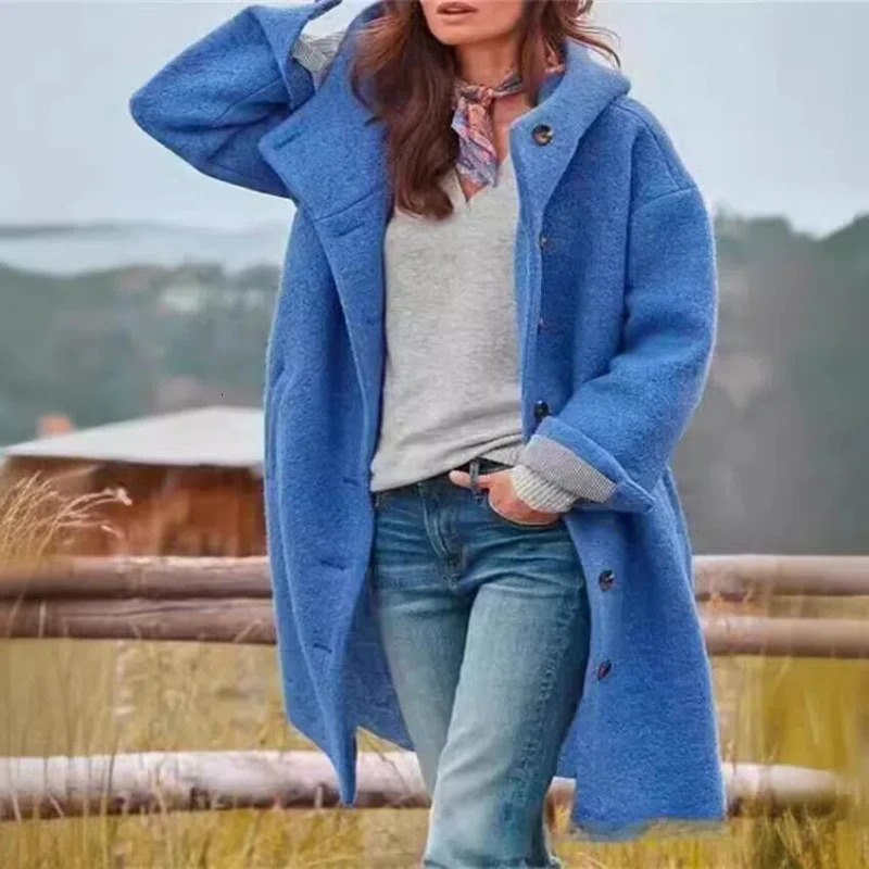 Fashionable Womens Woolen Coat Solid Color Hooded Temperament Long Jacket 241202