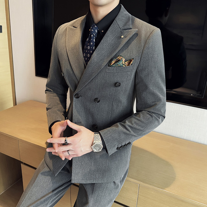 S815 New Men's Suit Three-piece Business Casual Double-breasted Suit Groom Wedding Dress