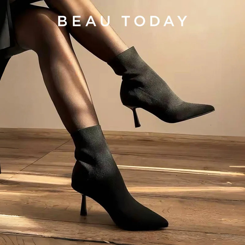 Beautoday High Heel Modern Boots Fabric Pointed Toe Black 2023 Spring Retro Elegant Womens Handmade Shoes 03925 241206