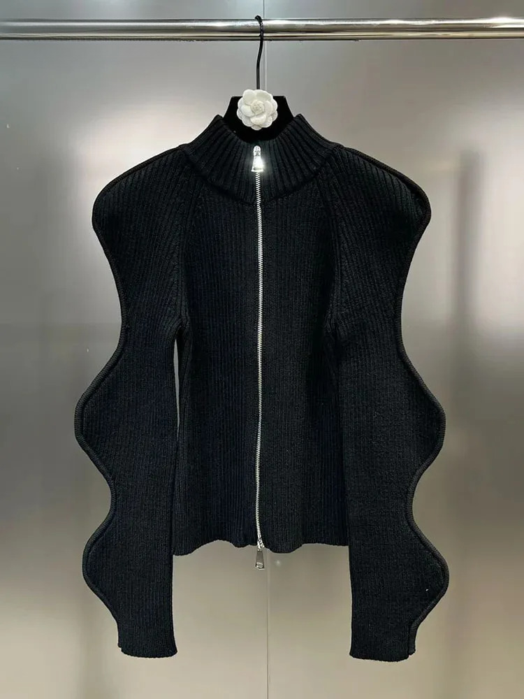 Fashion Women's Irregular Wave Edge Knitted Cardigan 2023 Autumn Stand Collar Long Sleeve Zipper Sweater Female
