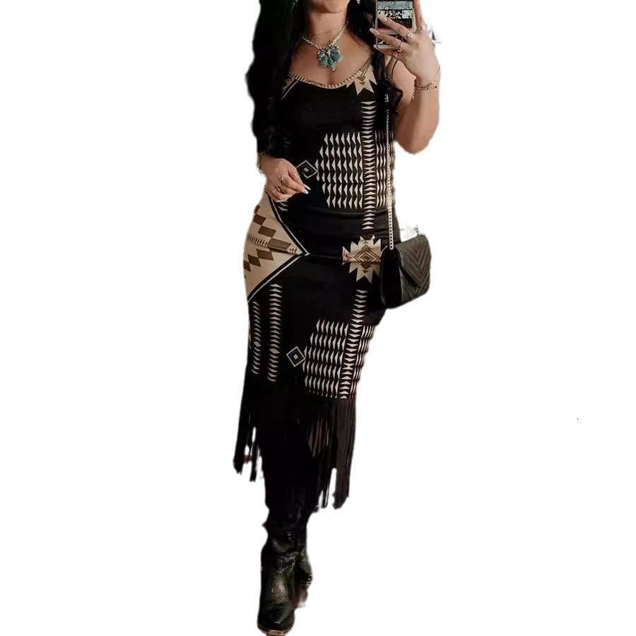 European American women's printed hem tassel suspender 2024 new style chic and elegant clothing