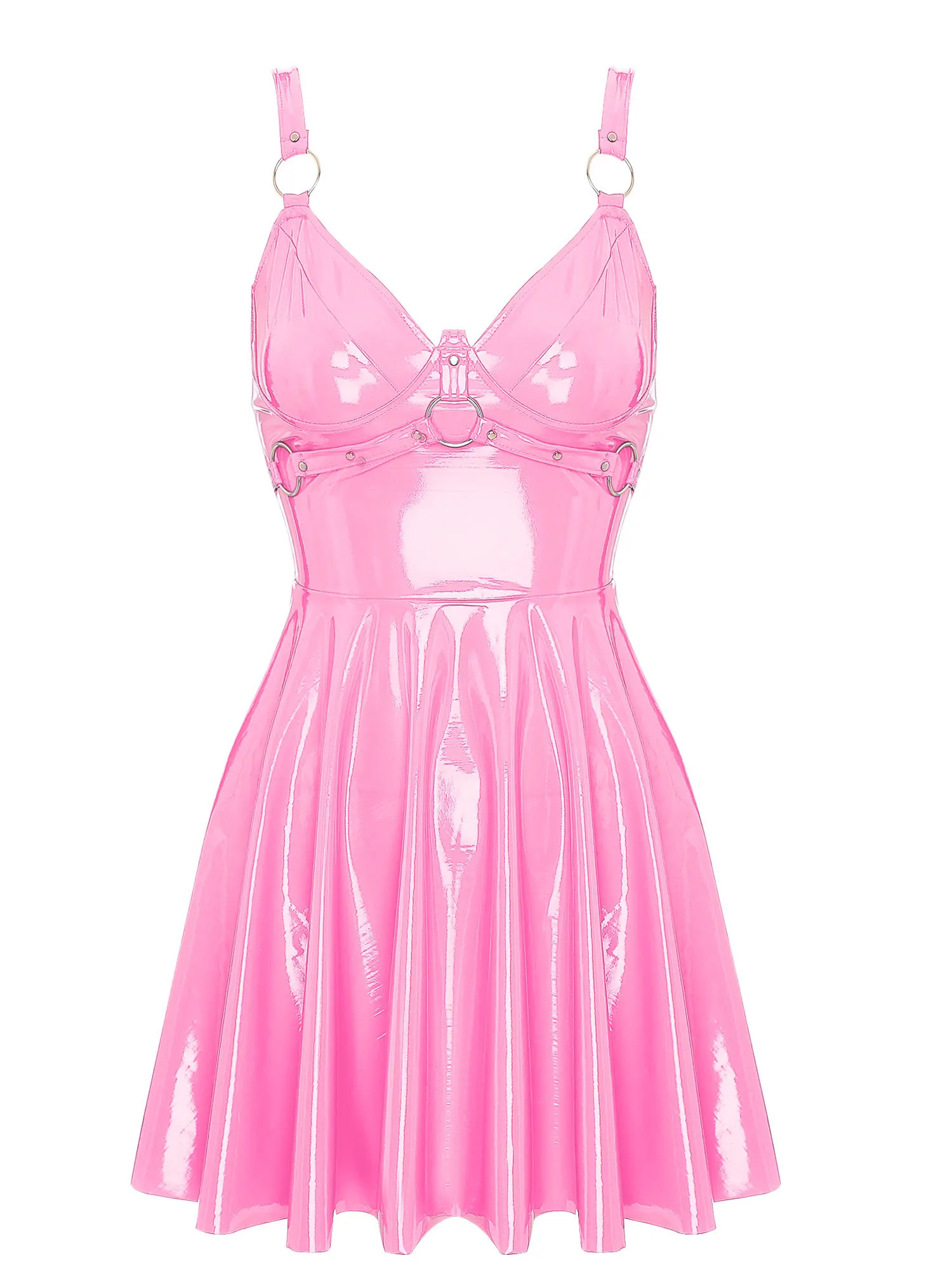 Womens patented leather anti slip latex dress A-line strap zipper mini dress with O-ring rivets wet appearance Gothic punk club uniform 241205