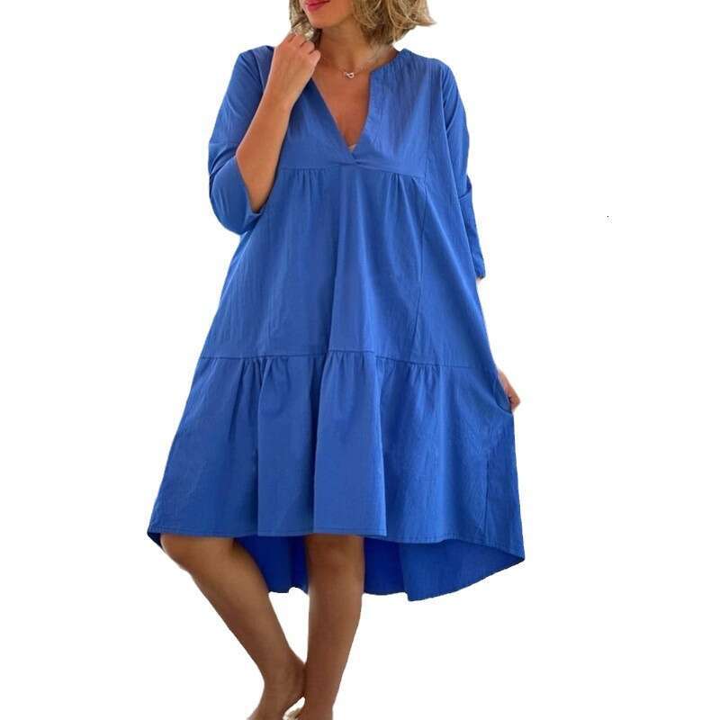summer European American women's fresh sweet V-neck solid color cotton and en large swing long dress 2024 new casual fashion trend clothing
