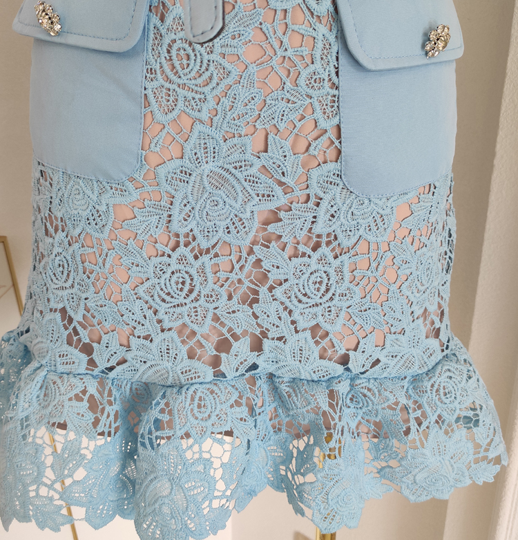 Basic Casual Women Dresses Summer Runway Hollow Out Flower Embroidery Lace Ruffles Mini Dress Womens O-Neck Diamonds Buttons Belt Party Short Vestidos