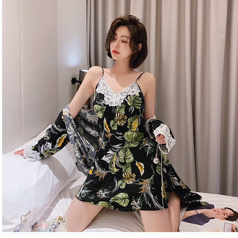 fashion 2025 Designer s new women s spring and summer cotton silk sexy plant print large hanging pajamas Hawaiian style bathrobe
