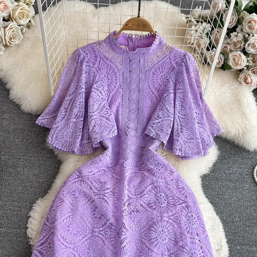 Casual Dresses Elegant Summer Lace Dress Women Crochet Flower Hollow Out French Purple Short Sleeve Party Midi Prom Evening Dresses