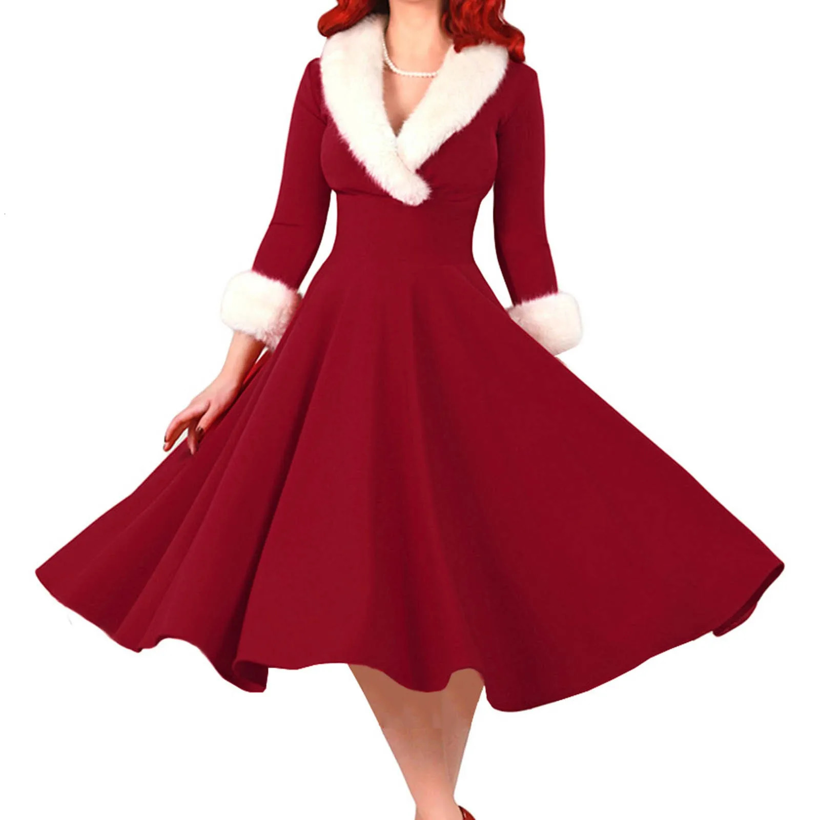 Years Christmas Dress Womens Christmas Sexy Dress Long Sleeve V-neck Plush Warm Party Wrinkle Elegant Tune Swinging Dress 241206