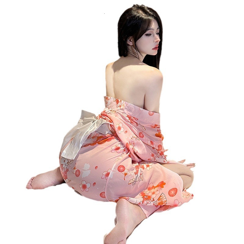 2025 fashion Fun lingerie pink cherry blossom chiffon pajamas printed kimono uniforms seductive hollowed out bathrobe set