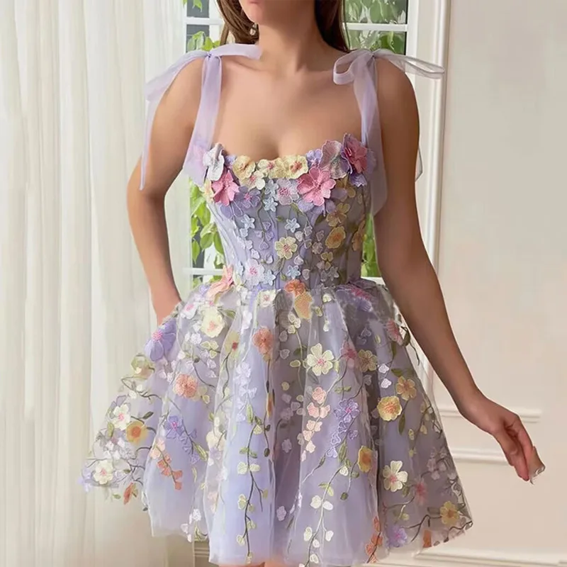 Basic Casual Dresses Designers Evening Prom Holiday Dress For Women Formal Occasions 3D Flower Embroidery Straps Bow Sexy Tulle Lace Vest