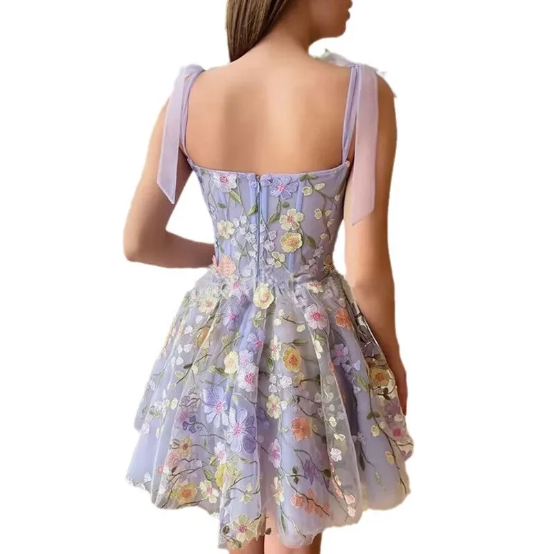 Basic Casual Dresses Designers Evening Prom Holiday Dress For Women Formal Occasions 3D Flower Embroidery Straps Bow Sexy Tulle Lace Vest