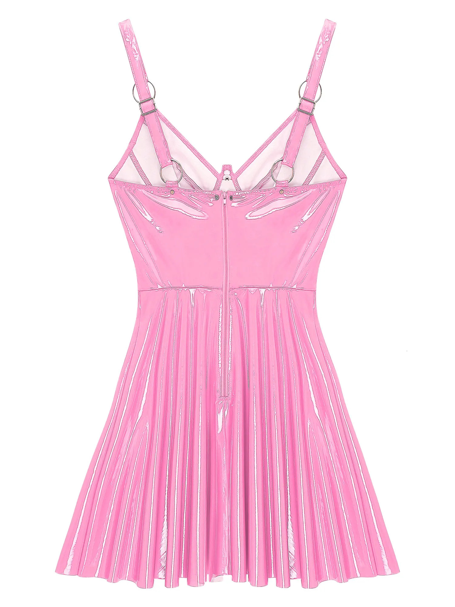 Womens patented leather anti slip latex dress A-line strap zipper mini dress with O-ring rivets wet appearance Gothic punk club uniform 241205