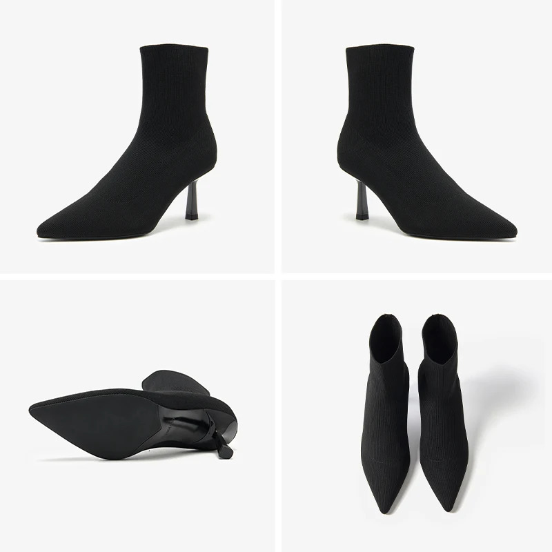 Beautoday High Heel Modern Boots Fabric Pointed Toe Black 2023 Spring Retro Elegant Womens Handmade Shoes 03925 241206