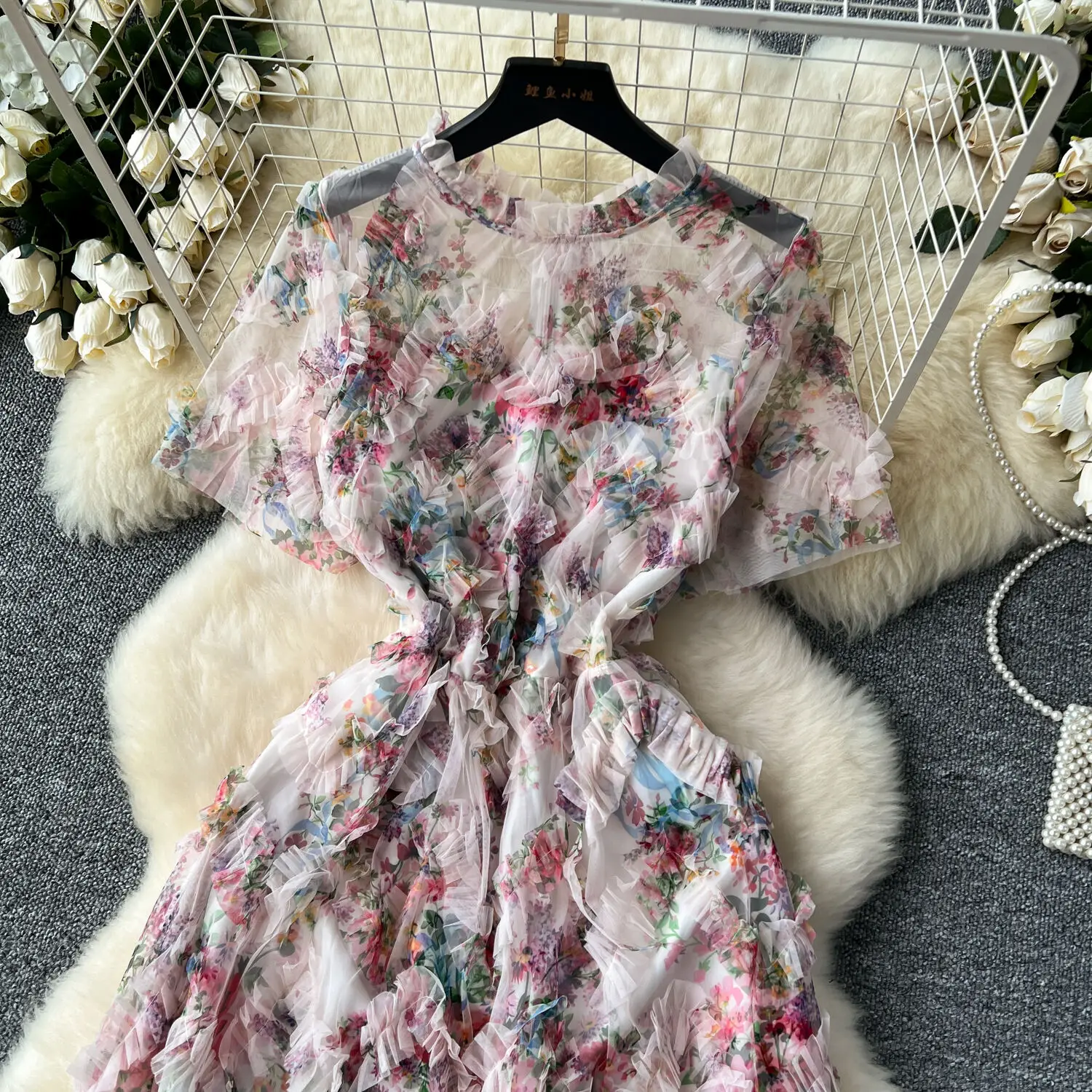 Basic Casual Dresses Runway Summer Autumn Holiday Floral Midi Tulle Prom Dress Women Layers Ruffles Cake Dresses Long Party Vestidos Quality