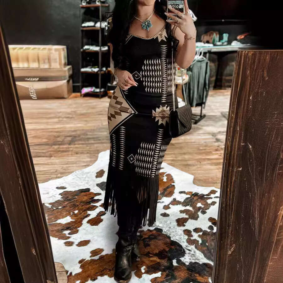 European American women's printed hem tassel suspender 2024 new style chic and elegant clothing