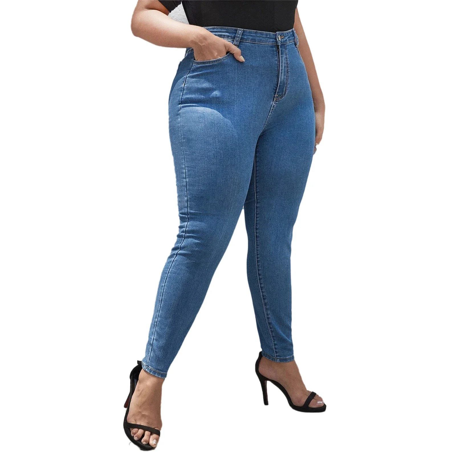 Plus Size Women Jeans Pants Full Length Denim High Waist Stretchy Skinny 241203