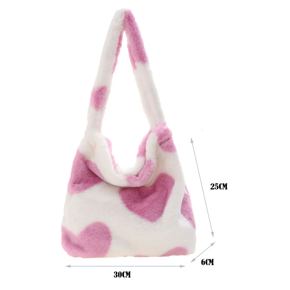 Womens Bag Plush Leopard Love Heart Pattern Underarm Shoulder Autumn Winter Ladies Large Capacity Shopper Tote Handbags 241213